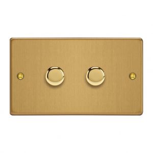 JDEDP602.BB [WDED2.BB + 2x MJP300] Varilight V-Pro High Power Series 2 Gang 0-300W Trailing Edge LED Dimmer Essential Brushed Brass Finish