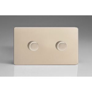 JDNDP602S [WDND2S + 2x MJP300] Varilight V-Pro High Power Series 2 Gang 0-300W Trailing Edge LED Dimmer Screwless Satin Chrome Effect Finish