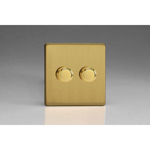 KDBP182S [WDB2S + 2x MKP180] Varilight V-Com Series 2 Gang 15-180 Watt Leading Edge LED Dimmer Screwless Brushed Brass Effect Finish