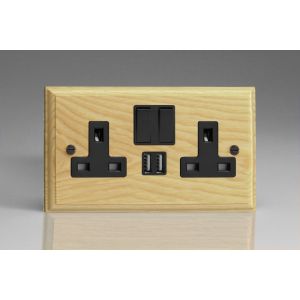 XA5U2SB-S2W 2 Gang 13 Amp Single Pole Switched Socket with 2 x 5V DC 2.1 Amp USB Charging Ports Kilnwood Classic Wood Ash with Black Switch