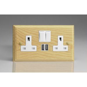 XA5U2SW-S2W 2 Gang 13 Amp Single Pole Switched Socket with 2 x 5V DC 2.1 Amp USB Charging Ports Kilnwood Classic Wood Ash with White Switch