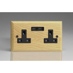 XA5USB-S2W 2 Gang 13 Amp Single Pole Unswitched Socket with 2 Optimised USB Charging Ports Kilnwood Classic Wood Ash with Black Switch