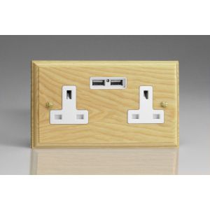 XA5USW-S2W 2 Gang 13 Amp Single Pole Unswitched Socket with 2 Optimised USB Charging Ports Kilnwood Classic Wood Ash with White Switch