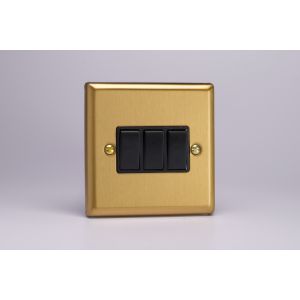 XB3B Varilight 3 Gang 10 Amp Switch Classic Brushed Brass Effect with Black Switches