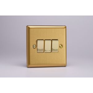 XB3D Varilight 3 Gang 10 Amp Switch Classic Brushed Brass Effect with Polished Brass Switches