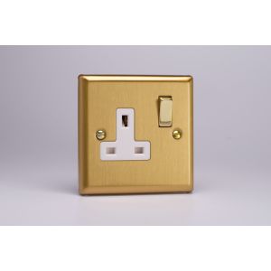 XB4DW Varilight 1 Gang 13 Amp Double Pole Switched Socket Classic Brushed Brass Effect with White Socket and Polished Brass Switch