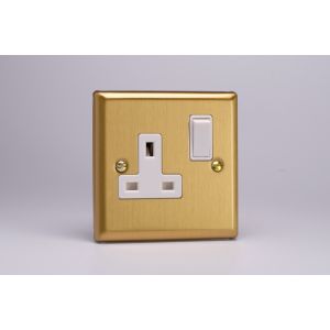 XB4W Varilight 1 Gang 13 Amp Double Pole Switched Socket Classic Brushed Brass Effect with White Socket and White Switch