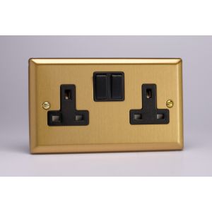 XB5B Varilight 2 Gang 13 Amp Double Pole Switched Socket Classic Brushed Brass Effect with Black Sockets and Black Switches