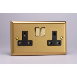 XB5DB Varilight 2 Gang 13 Amp Double Pole Switched Socket Classic Brushed Brass Effect with Black Sockets and Polished Brass Switches