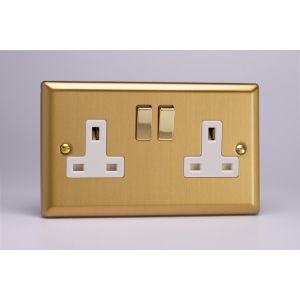 XB5DW Varilight 2 Gang 13 Amp Double Pole Switched Socket Classic Brushed Brass Effect with White Sockets and Polished Brass Switches