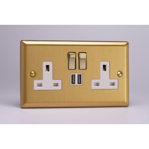 XB5U2SDW Varilight 2 Gang 13 Amp Single Pole Switched Socket with 2 x 5V DC 2.1 Amp USB Charging Ports Classic Brushed Brass Effect with White Sockets, and Polished Brass Switches