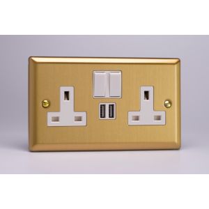 XB5U2SW Varilight 2 Gang 13 Amp Single Pole Switched Socket with 2 x 5V DC 2.1 Amp USB Charging Ports Classic Brushed Brass Effect with White Sockets, and White Switches