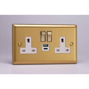 XB5UACDW Varilight 2 Gang 13 Amp Single Pole Switched Socket with 20 Watt USB-A and USB-C Charging Ports With Qualcomm QuickCharge 3.0 Classic Brushed Brass Effect with White Sockets, and Polished Brass Switches