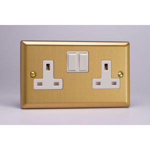 XB5W Varilight 2 Gang 13 Amp Double Pole Switched Socket Classic Brushed Brass Effect with White Sockets and White Switches