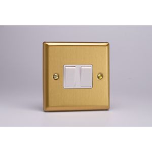 XB71W Varilight 2 Gang Comprising of 1 Intermediate (3 Way) and 1 Standard (1 or 2 Way) 10 Amp Switch Classic Brushed Brass Effect with White Switches