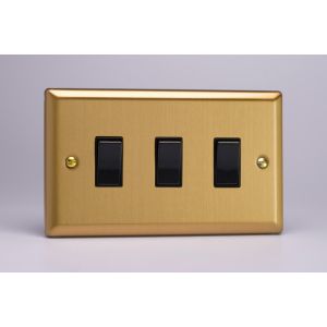 XB73B Varilight 3 Gang Comprising of 3 Intermediate (3 Way) 10 Amp Switch Classic Brushed Brass Effect with Black Switches Double Plate