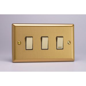 XB73D Varilight 3 Gang Comprising of 3 Intermediate (3 Way) 10 Amp Switch Classic Brushed Brass Effect with Polished Brass Switches Double Plate