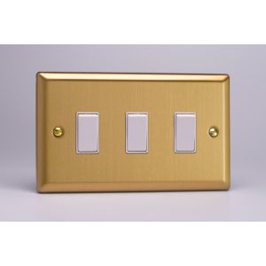 XB73W Varilight 3 Gang Comprising of 3 Intermediate (3 Way) 10 Amp Switch Classic Brushed Brass Effect with White Switches Double Plate