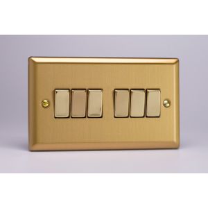 XB96D Varilight 6 Gang 10 Amp Switch Classic Brushed Brass Effect with Polished Brass Switches