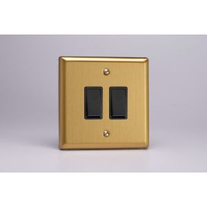 XBBP2B Varilight 2 Gang 10 Amp Push-to-make, Bell Push, Retractive Switch Classic Brushed Brass Effect with Black Switches