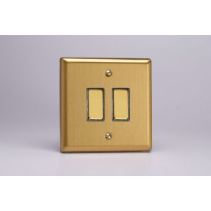 XBBP2D Varilight 2 Gang 10 Amp Push-to-make, Bell Push, Retractive Switch Classic Brushed Brass Effect with Polished Brass Switches