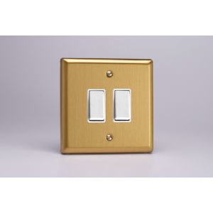 XBBP2W Varilight 2 Gang 10 Amp Push-to-make, Bell Push, Retractive Switch Classic Brushed Brass Effect with White Switches