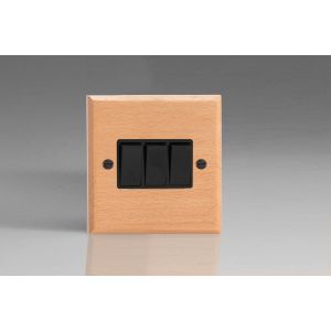 XBE3B-S2W 3 Gang 10 Amp Switch Kilnwood Classic Wood Scandic Beech with Black Switch