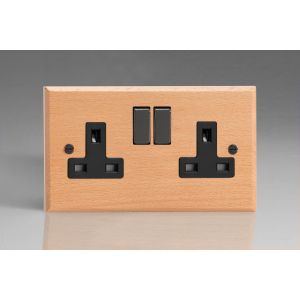 XBE5BNB-S2W 2 Gang 13 Amp Double Pole Switched Socket Kilnwood Classic Wood Scandic Beech with Iridium Black Switch