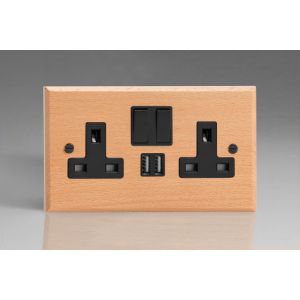 XBE5U2SB-S2W 2 Gang 13 Amp Single Pole Switched Socket with 2 x 5V DC 2.1 Amp USB Charging Ports Kilnwood Classic Wood Scandic Beech with Black Switch