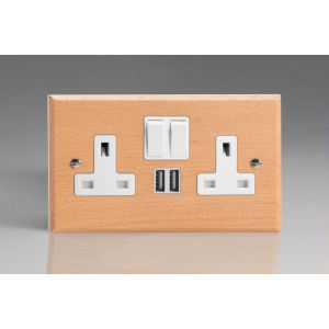 XBE5U2SW-S2W 2 Gang 13 Amp Single Pole Switched Socket with 2 x 5V DC 2.1 Amp USB Charging Ports Kilnwood Classic Wood Scandic Beech with White Switch