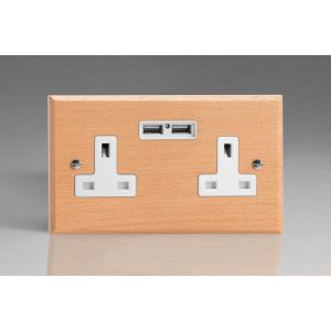 XBE5USW-S2W 2 Gang 13 Amp Single Pole Unswitched Socket with 2 Optimised USB Charging Ports Kilnwood Classic Wood Scandic Beech with White Switch