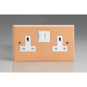 XBE5W-S2W 2 Gang 13 Amp Double Pole Switched Socket Kilnwood Classic Wood Scandic Beech with White Switch