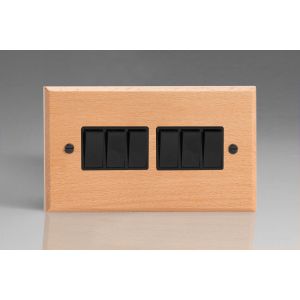 XBE96B-S2W 6 Gang 10 Amp Switch Kilnwood Classic Wood Scandic Beech with Black Switch