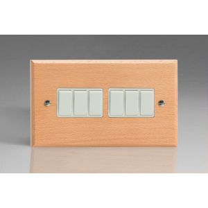 XBE96W-S2W 6 Gang 10 Amp Switch Kilnwood Classic Wood Scandic Beech with White Switch