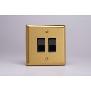 XBR2B Varilight 2 Gang 10 Amp 2 Way & Off Retractive Switch Classic Brushed Brass Effect with Black Switches