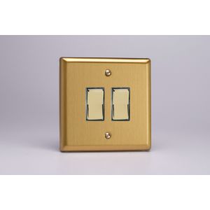 XBR2D Varilight 2 Gang 10 Amp 2 Way & Off Retractive Switch Classic Brushed Brass Effect with Polished Brass Switches