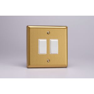 XBR2W Varilight 2 Gang 10 Amp 2 Way & Off Retractive Switch Classic Brushed Brass Effect with White Switches