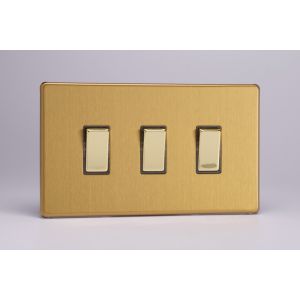 XDB93S Varilight 3 Gang 10 Amp Switch Screwless Brushed Brass Effect Finish With Polished Brass Switches