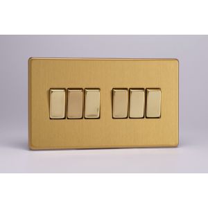 XDB96S Varilight 6 Gang 10 Amp Switch Screwless Brushed Brass Effect Finish With Polished Brass Switches