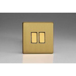 XDBBP2S Varilight 2 Gang 10 Amp Push-to-make, Bell Push, Retractive Switch Screwless Brushed Brass Effect Finish With Polished Brass Switches