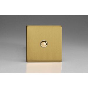 XDBM1S Varilight 1 Gang 6 Amp Momentary Push To Make Switch Screwless Brushed Brass Effect Finish With Polished Brass Button