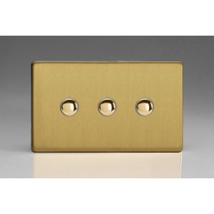 XDBM3S Varilight 3 Gang 6 Amp Momentary Push To Make Switch Screwless Brushed Brass Effect Finish With Polished Brass Buttons