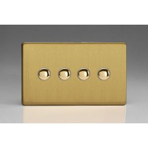 XDBM4S Varilight 4 Gang 6 Amp Momentary Push To Make Switch Screwless Brushed Brass Effect Finish With Polished Brass Buttons