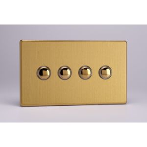 XDBP4S Varilight 4 Gang 6 Amp Push-on/off Impulse Switch Screwless Brushed Brass Effect Finish With Polished Brass Buttons