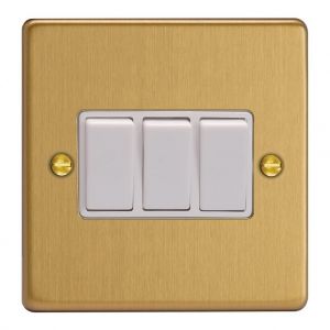 XDE3W.BB Varilight 3 Gang 10 Amp Switch Essential Brushed Brass Finish With White Switches