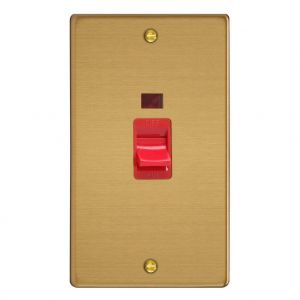 XDE45N.BB Varilight 45 Amp Double Pole Vertical Cooker Switch with Neon Essential Brushed Brass Finish With Red Switch