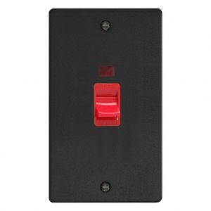 XDE45N.MB Varilight 45 Amp Double Pole Vertical Cooker Switch with Neon Essential Matt Black Finish With Red Switch