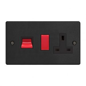 XDE45PB.MB Varilight 45 Amp Double Pole Horizontal Cooker Panel with 13 Amp Switched Socket Essential Matt Black Finish With Red Switches and Black Socket