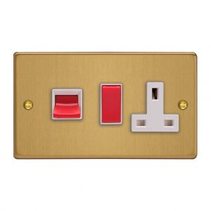 XDE45PW.BB Varilight 45 Amp Double Pole Horizontal Cooker Panel with 13 Amp Switched Socket Essential Brushed Brass Finish With Red Switches and White Socket