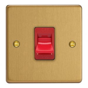 XDE45S.BB Varilight 45 Amp Double Pole Cooker Switch Essential Brushed Brass Finish With Red Switch